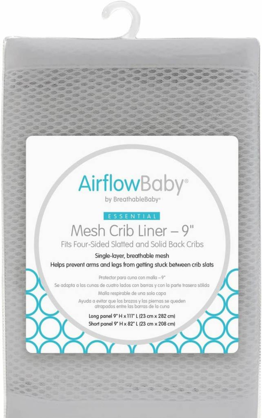 AirflowBaby Breathable Mesh Crib Liner for Full-Size Cribs - 9" Height, 2mm Essential Gray Mesh, Fits 3-4 Sides (Size 4Fs) - Safe Baby Crib Bumper